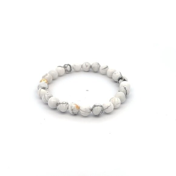 Natural White Howlite Gemstones 6mm Stretchable Bracelet 18k Gold Bead Charm - Picture 5 of 5